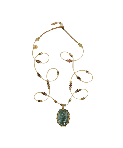 Collier Court Tibétain - Kyanit Smaragd - Mix Rosen-Tourmalin - Beiger Faden