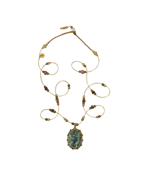 Collier Court Tibétain - Kyanite Émeraude - Mix Tourmaline Rose - Fil Beige