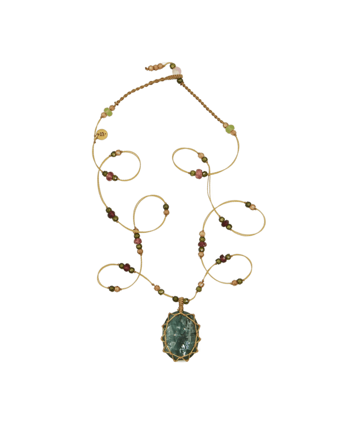 Short Tibetan Necklace - Kyanite Emerald - Rose Tourmaline Mix - Beige Thread