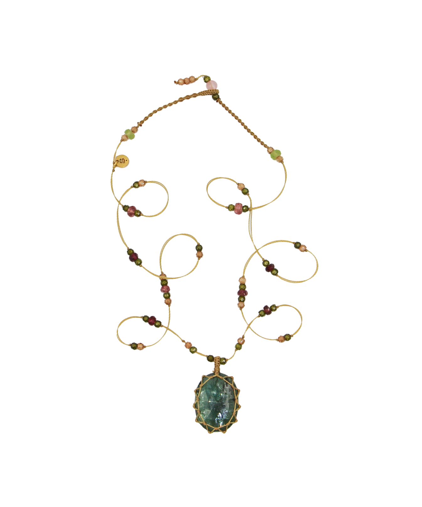 Collier Court Tibétain - Kyanite Émeraude - Mix Tourmaline Rose - Fil Beige