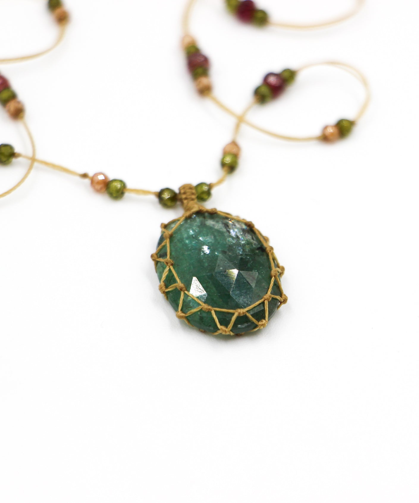 So Precious Short Tibetan Necklace - Emerald Kyanite - Mix Pink Tourmaline - Beige Thread