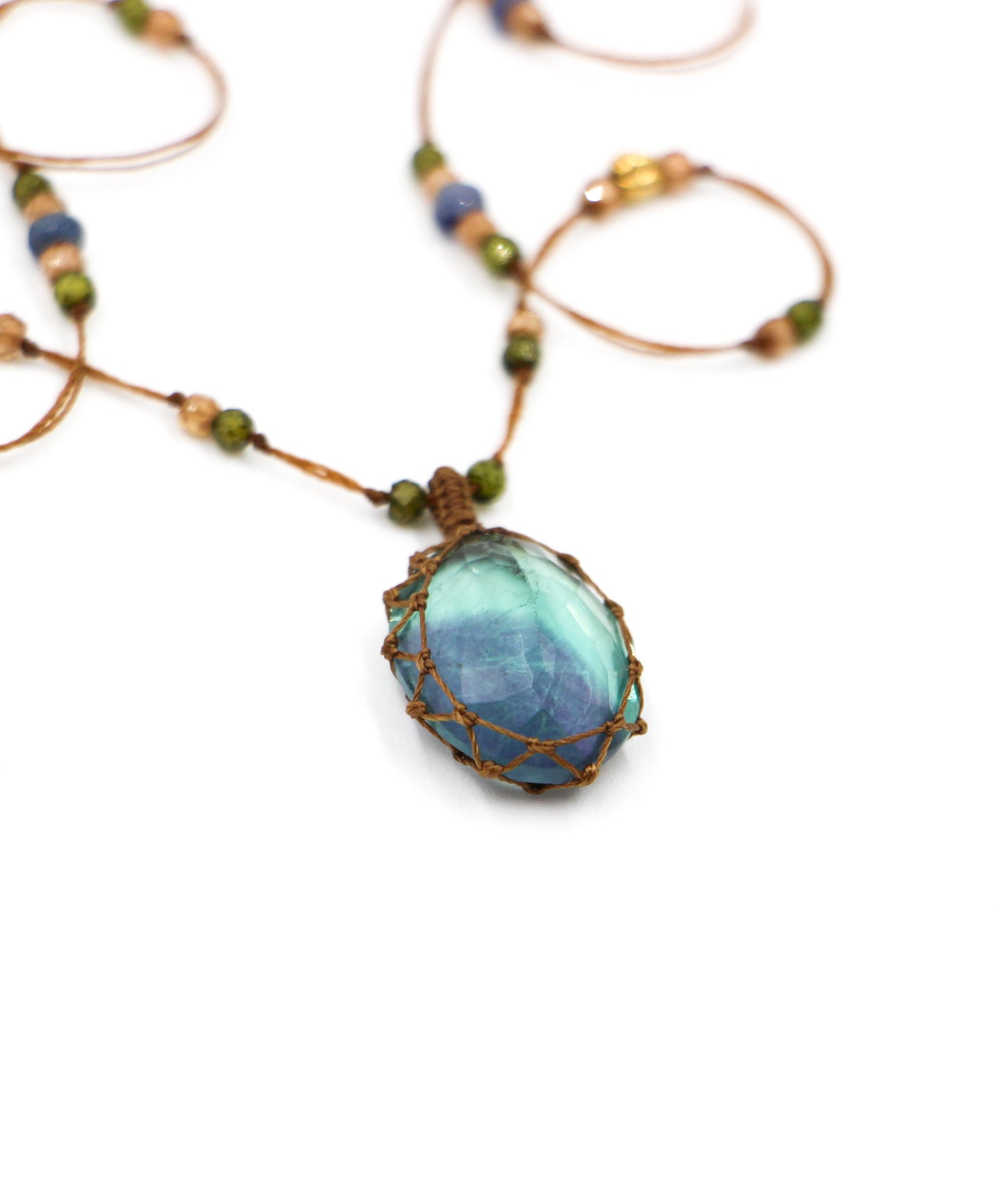 So Precious Tibetan Short Necklace - Green Fluorite - Chrysoprase Mix - Beige Thread