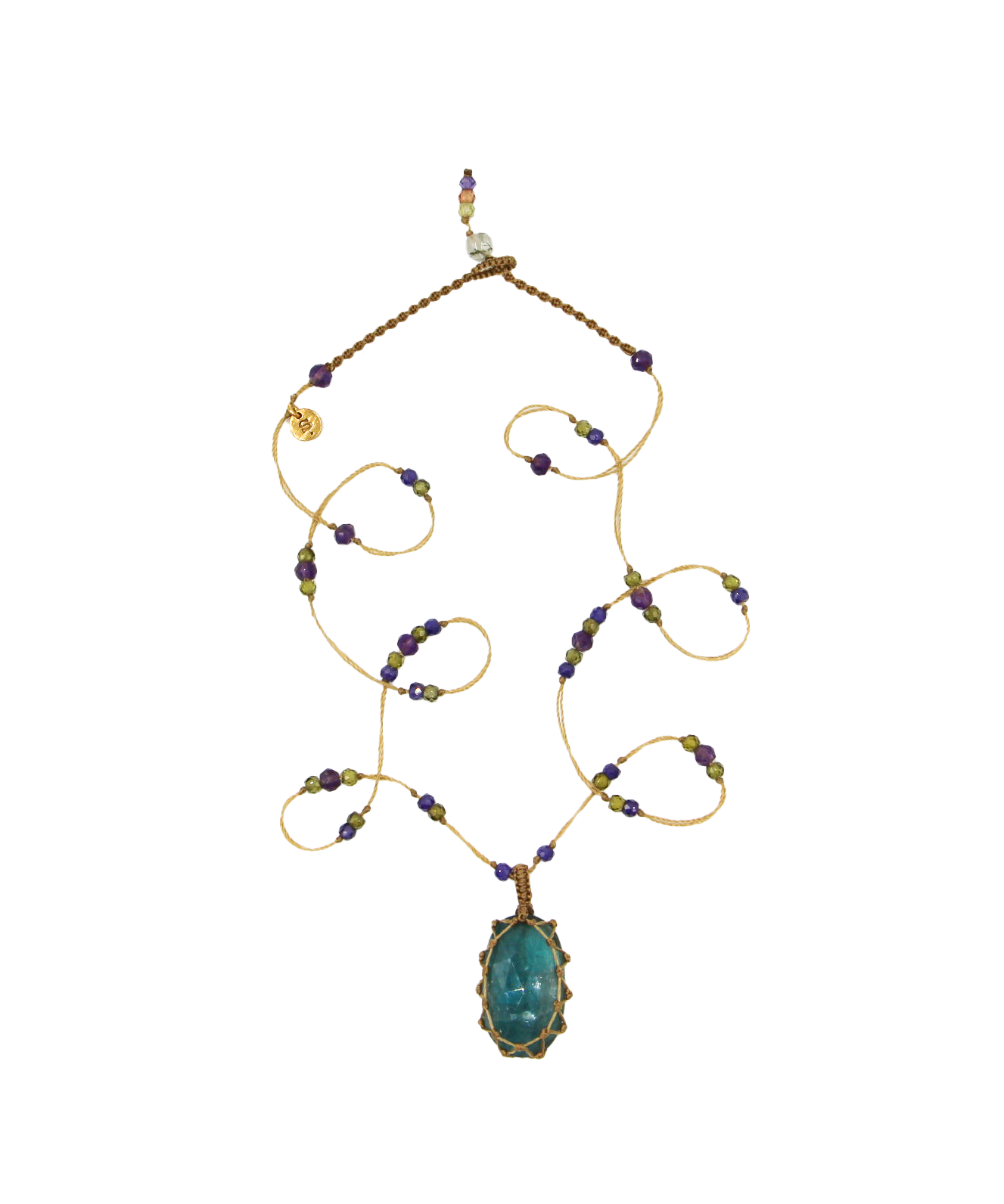 Collier Court Tibétain - Kyanite Teal - Mix Améthyste - Fil Beige