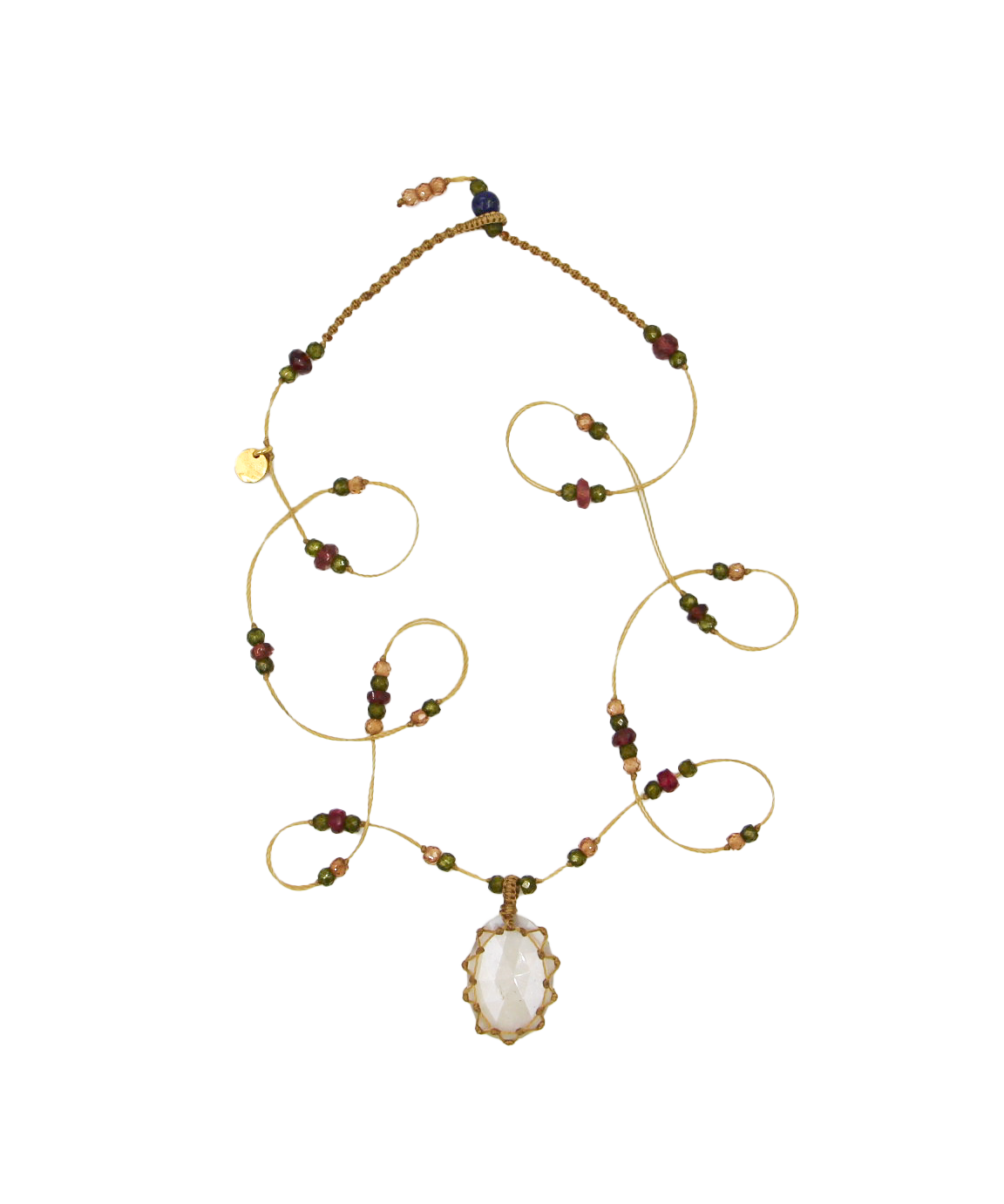 Collier Court Tibétain - Pierre de Lune - Mix Tourmaline Rose - Fil Beige