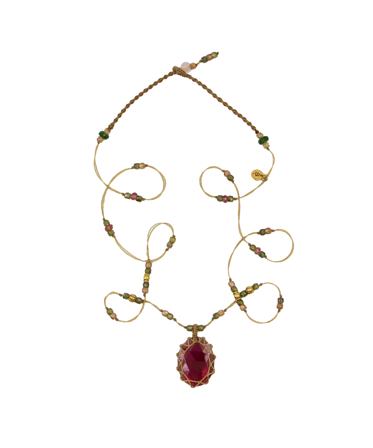 So Precious Short Tibetan Necklace - Glassfilled Rose - Mix Pink Tourmaline - Tobacco Thread