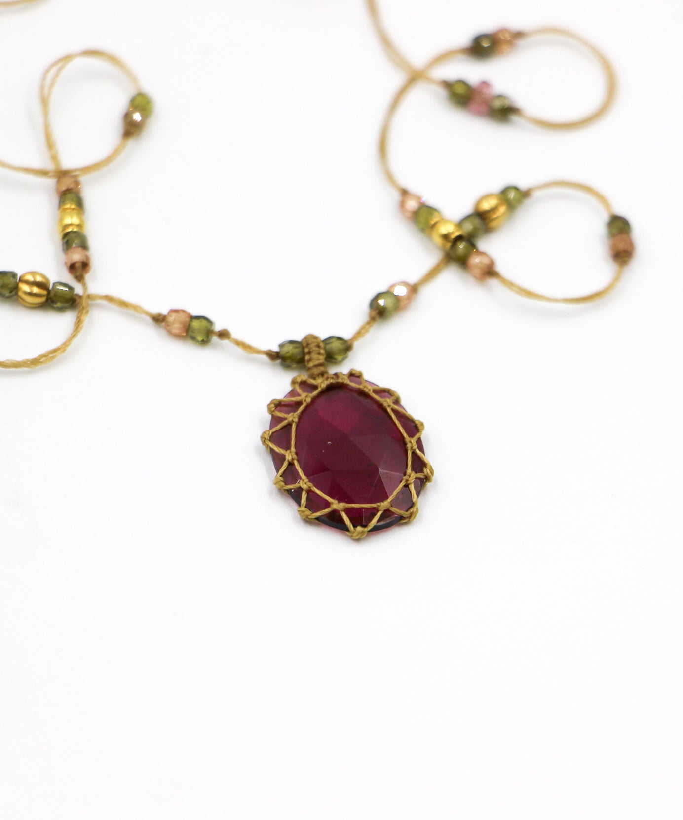 So Precious Short Tibetan Necklace - Glassfilled Rose - Mix Pink Tourmaline - Tobacco Thread