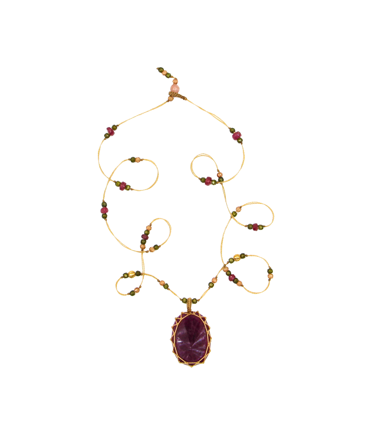 So Precious Short Tibetan Necklace - Pink Corundum - Mix Ruby - Beige Thread