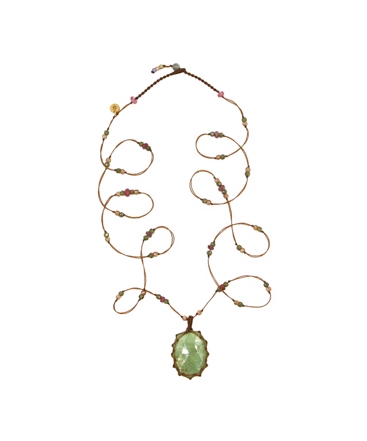 So Precious Short Tibetan Necklace - Green Kyanite - Mix Pink Tourmaline - Tobacco Thread