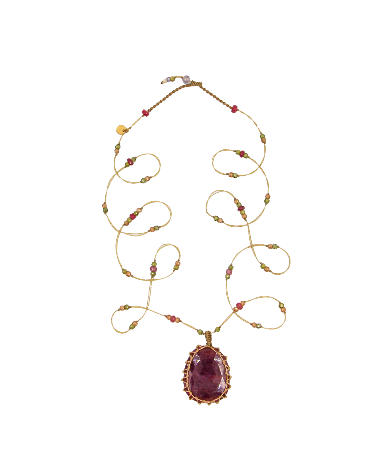 Tibetan Long Necklace - Ruby - Mix Pink Tourmaline - Beige Thread