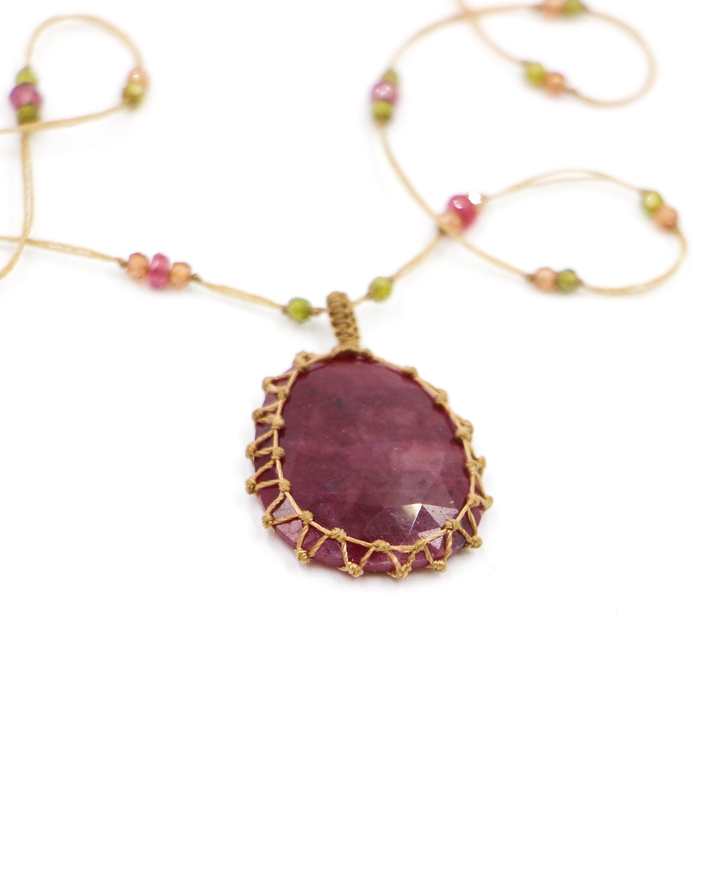 Tibetan Long Necklace - Ruby - Mix Pink Tourmaline - Beige Thread