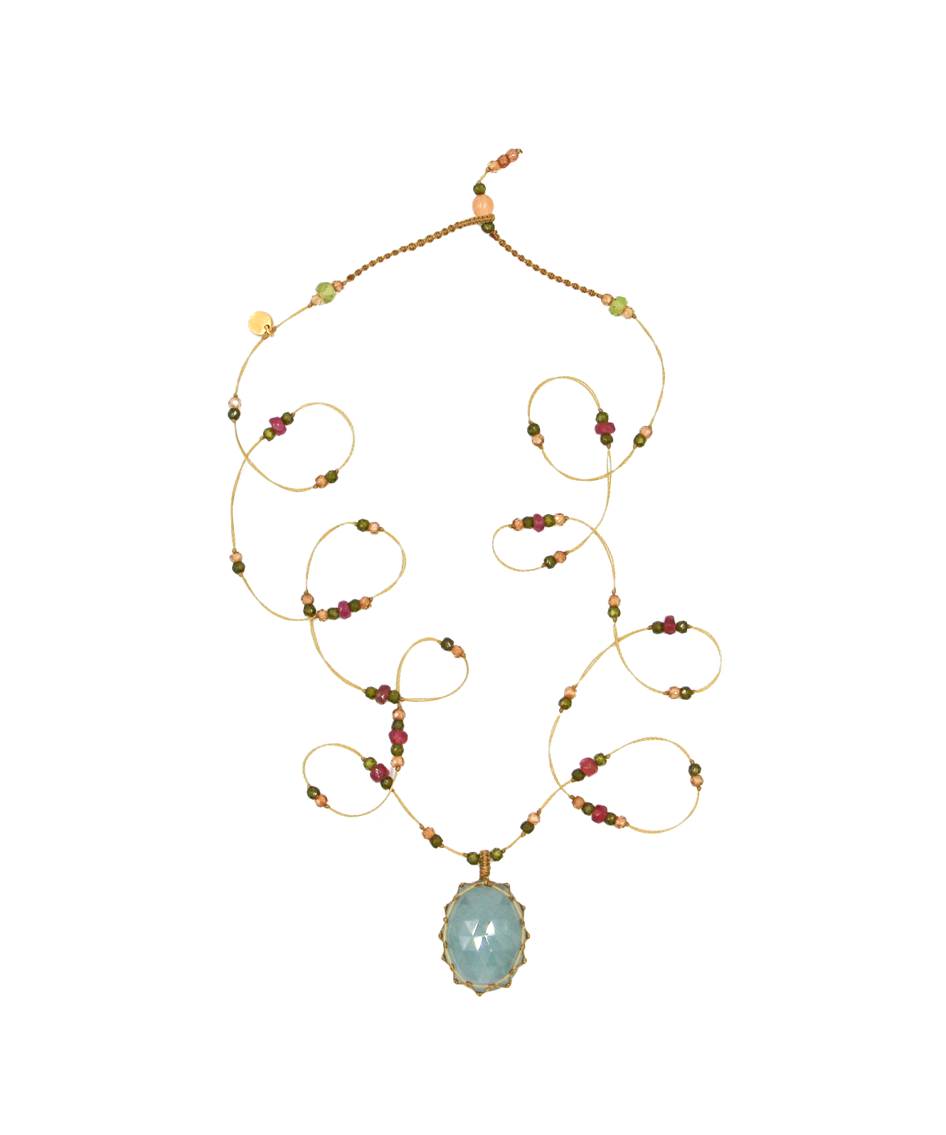 Tibetan Long Necklace - Blue Aquamarine - Mix Multi Stones - Tobacco Thread