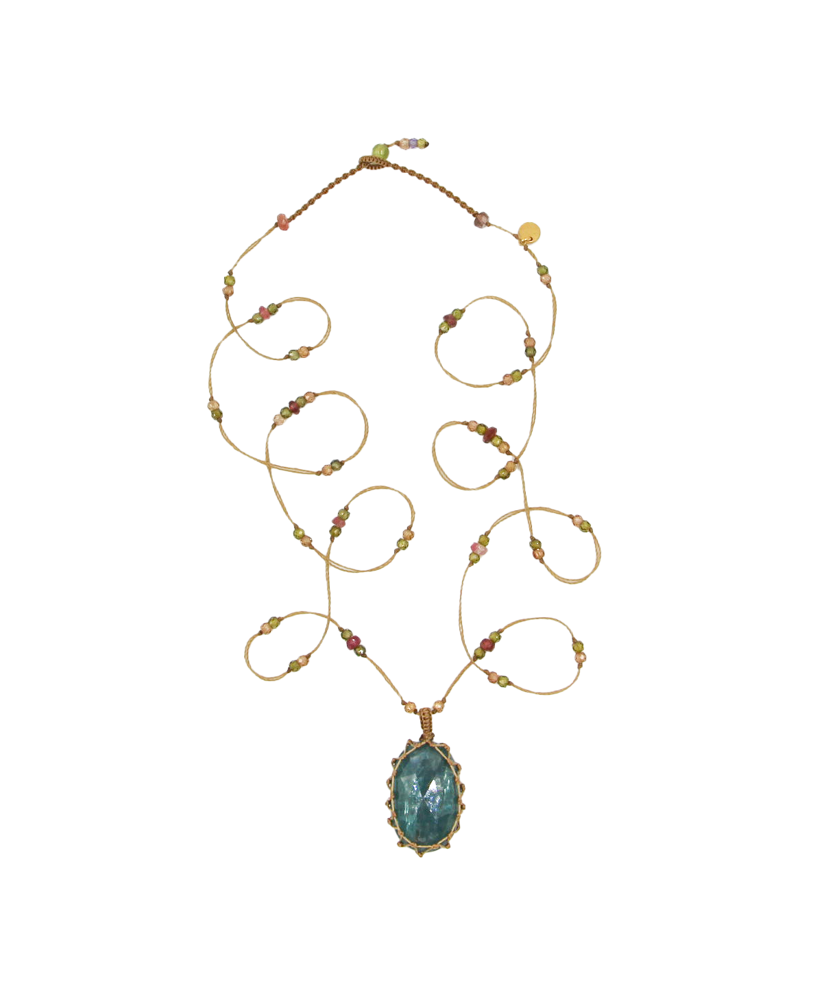 So Precious Tibetan Short Necklace - Kyanite - Mix Pink Tourmaline - Beige Thread