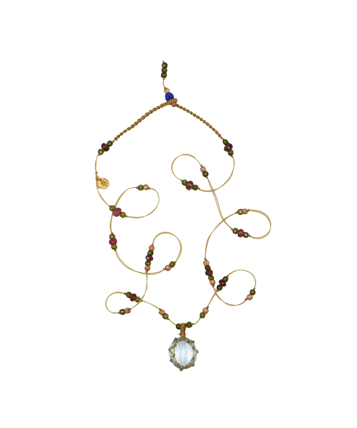 Collier Court Tibétain - Topaze Bleue - Mix Tourmaline Rose - Fil Beige