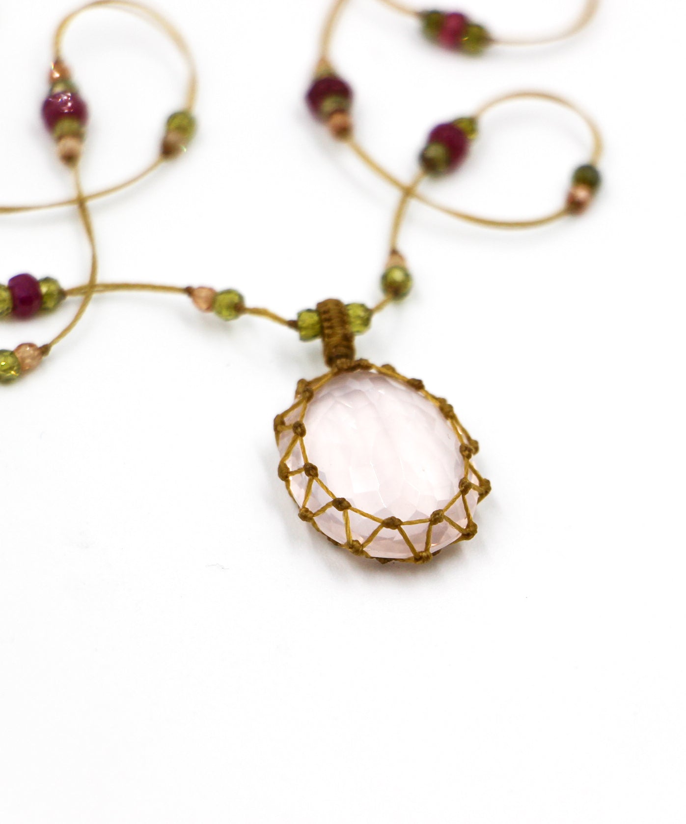 Collier Court Tibétain - Quartz Rose - Mix Tourmaline Rose - Fil Beige