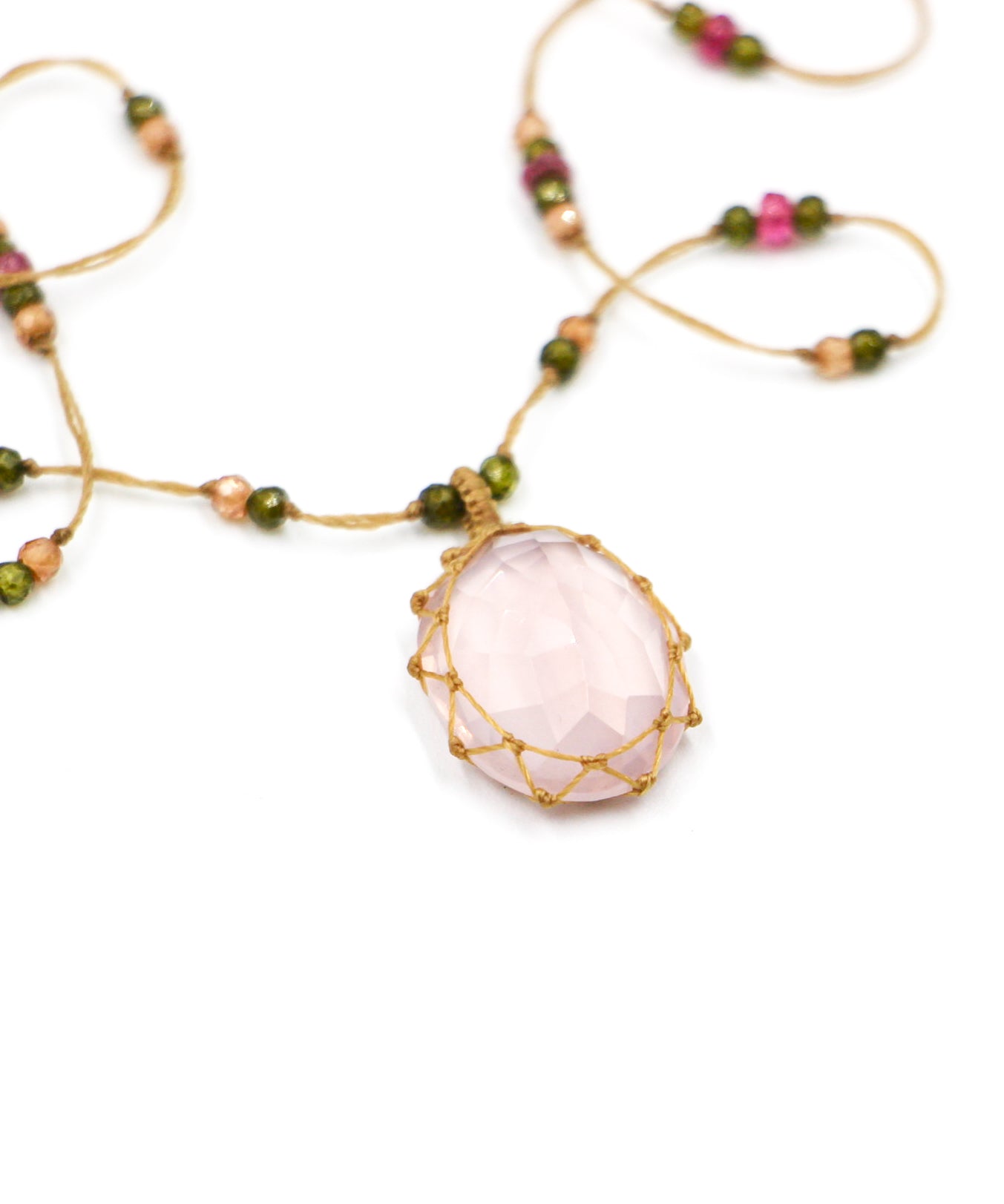 Short Tibetan Necklace - Rose Quartz - Mix Pink Tourmaline - Tobacco Thread