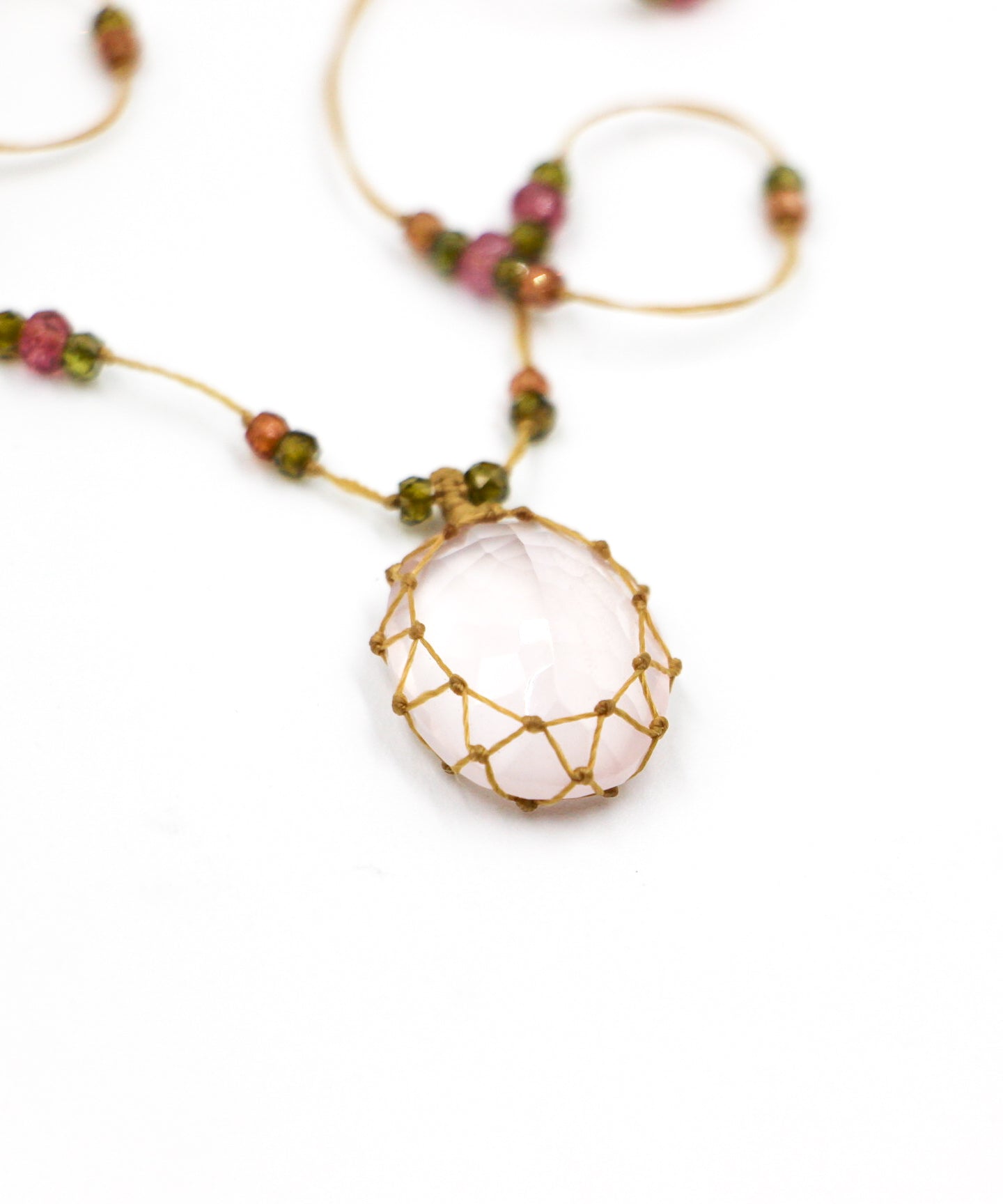 Collier Court Tibétain - Quartz Rose - Mix Tourmaline Rose - Fil Beige