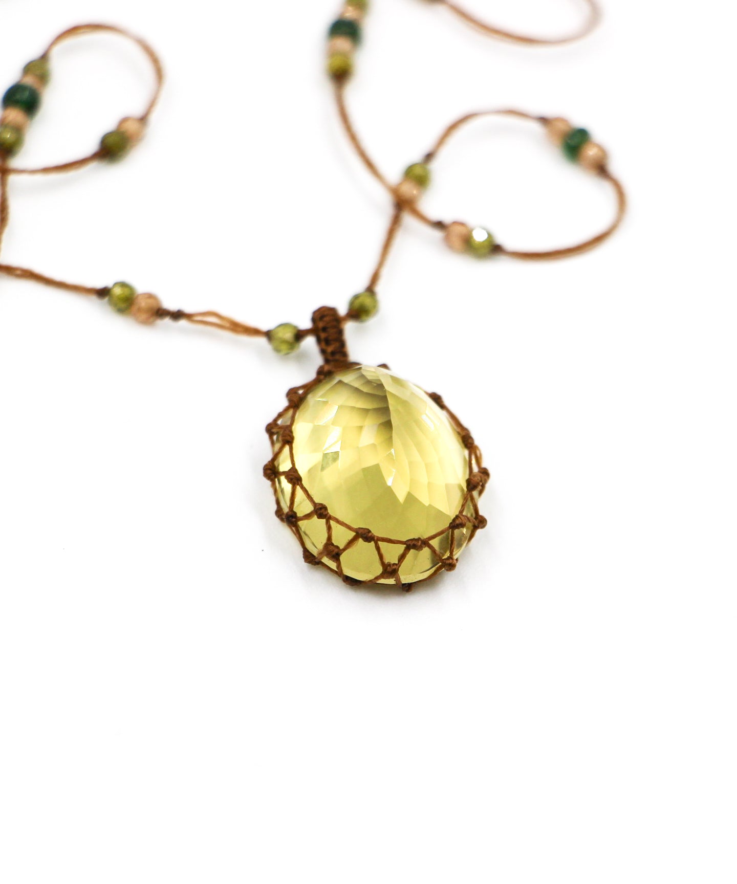 Tibetan Short Necklace - Lemon Topaz - Mix Pink Tourmaline - Beige Thread