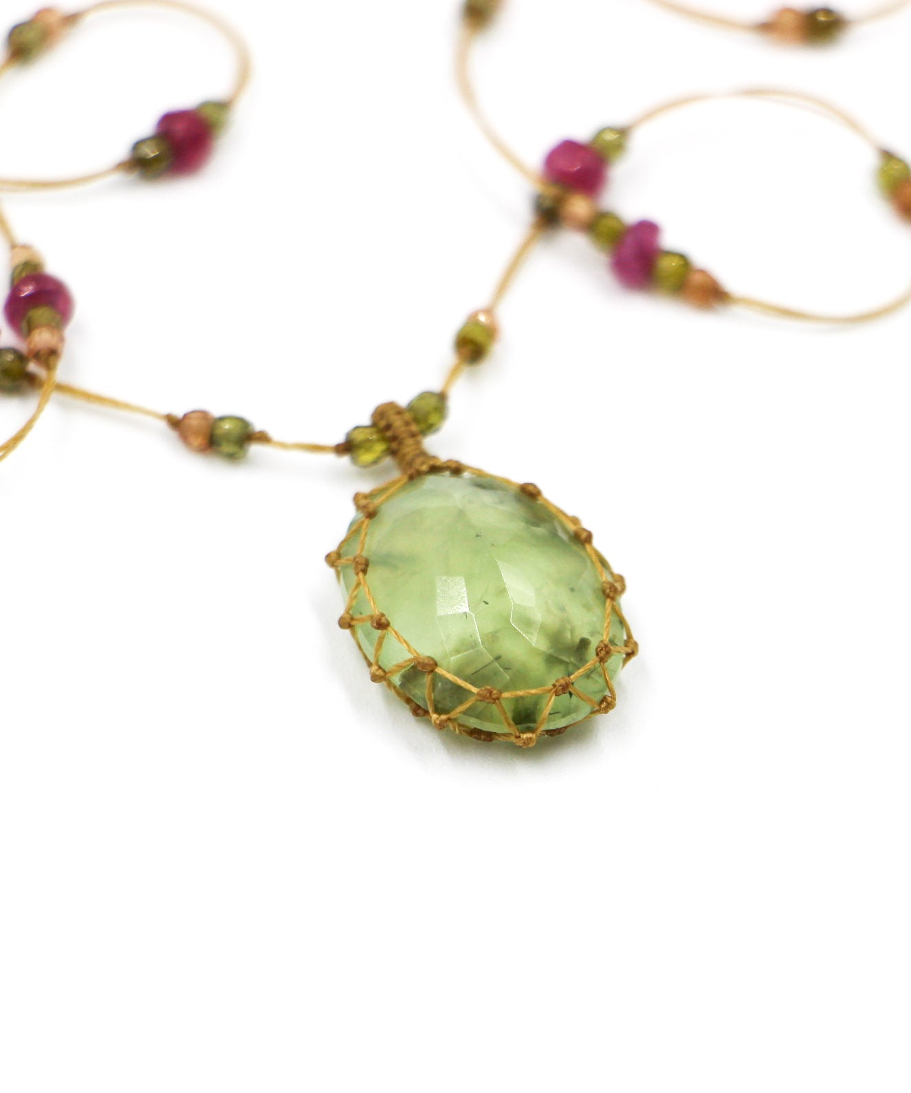 Collana Lunga Tibetana - Prehnite Rutile - Mix Tormalina Rosa - Filo Beige