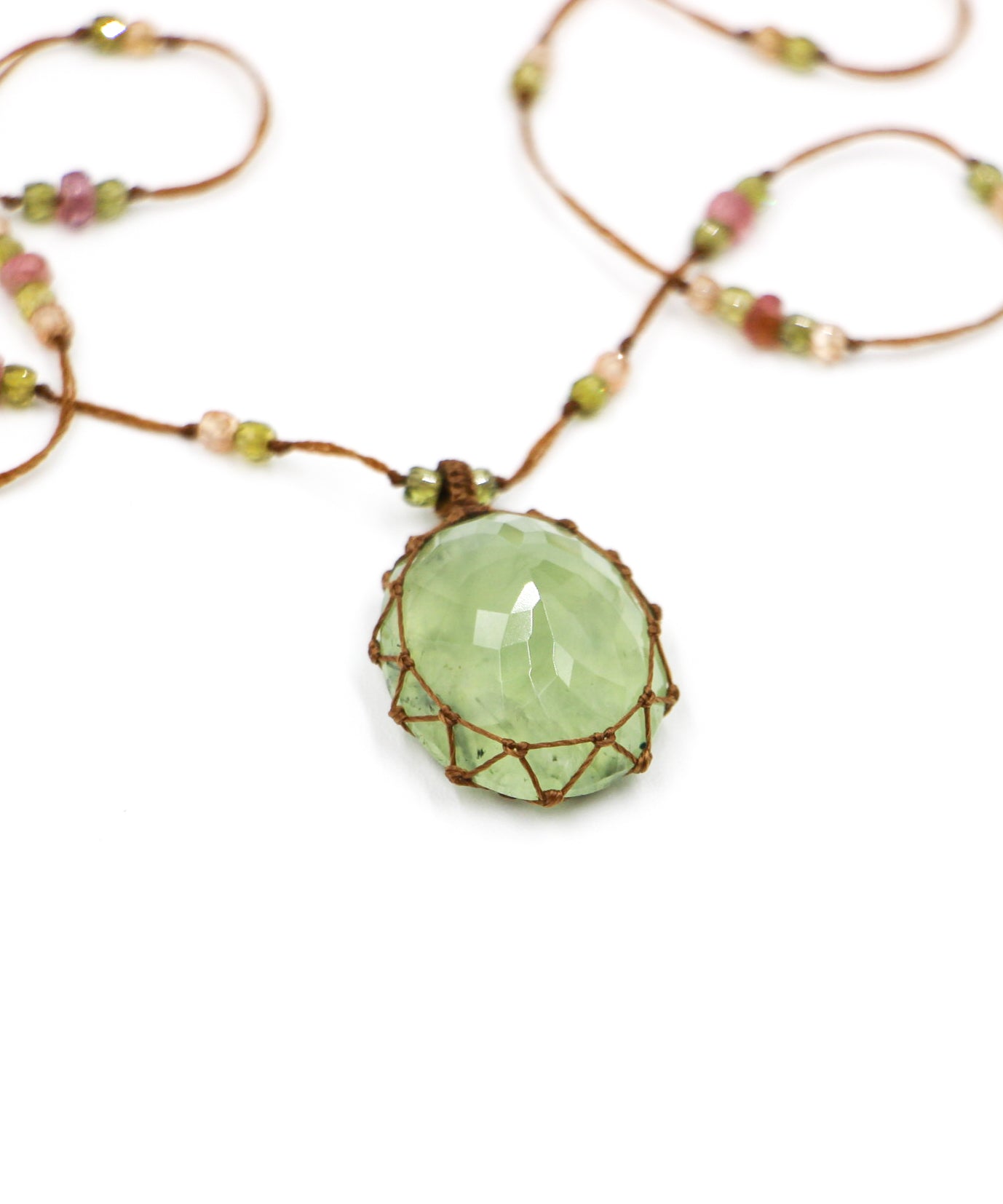 Collana Lunga Tibetana - Prehnite Rutile - Mix Tormalina Rosa - Filo Beige