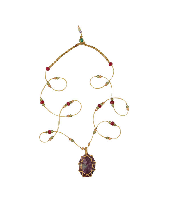 Short Tibetan Necklace - Ruby Zoïsite - Ruby Mix - Beige Thread