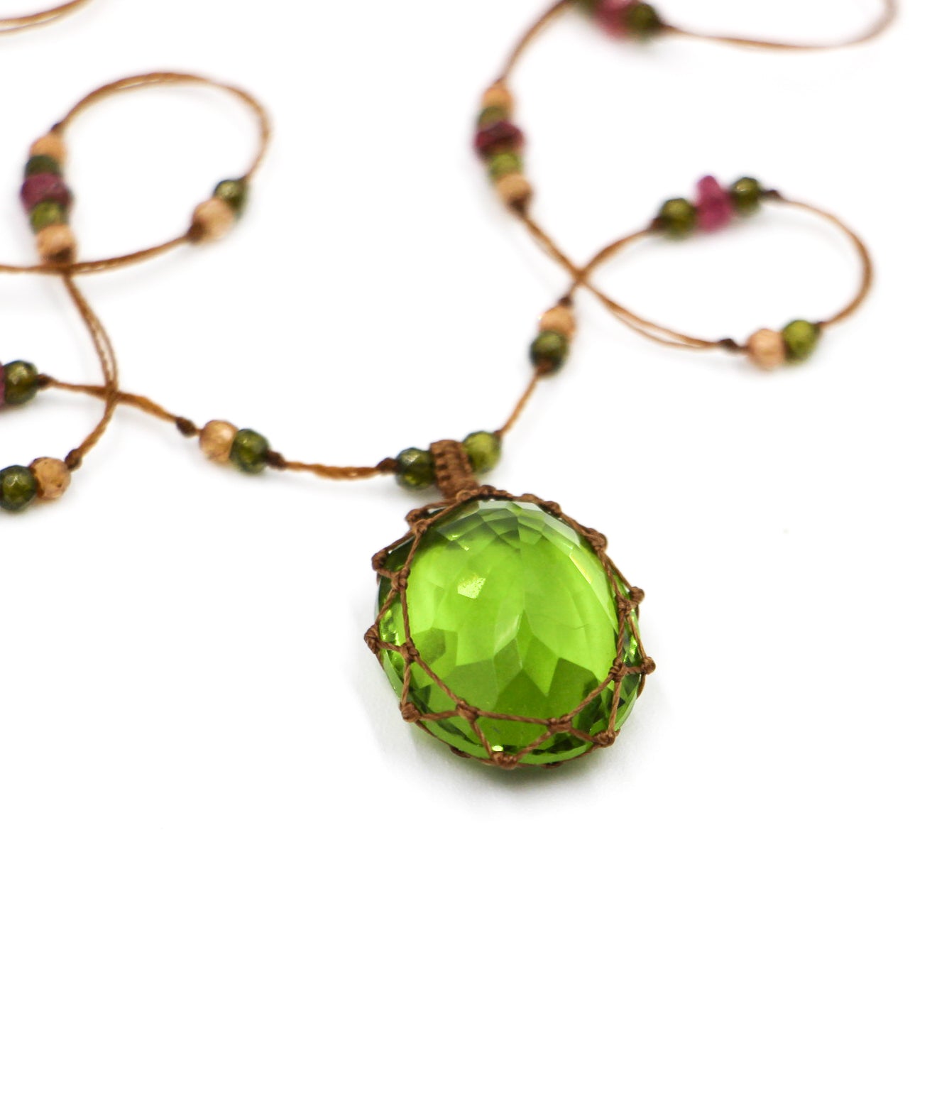 Tibetan Short Necklace - Indian Glass Rose - Mix Pink Tourmaline - Beige Thread