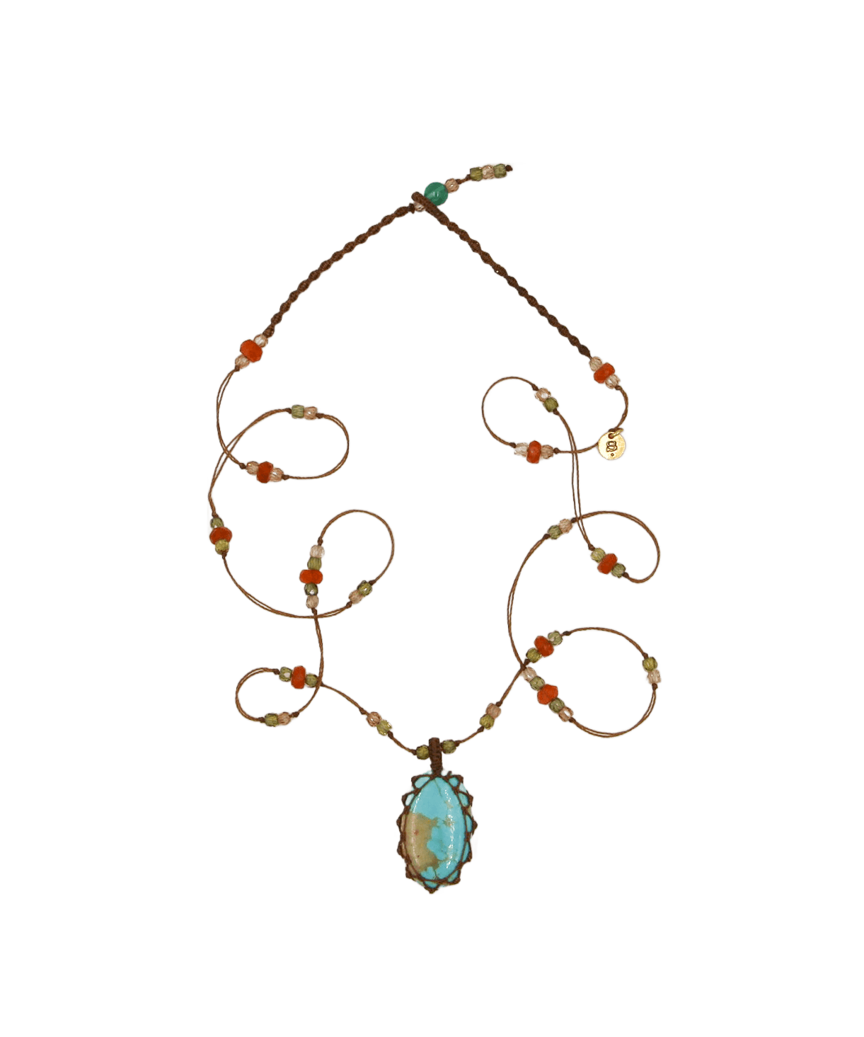 Short Tibetan Necklace - Turquoise - Carnelian Mix - Tobacco Thread