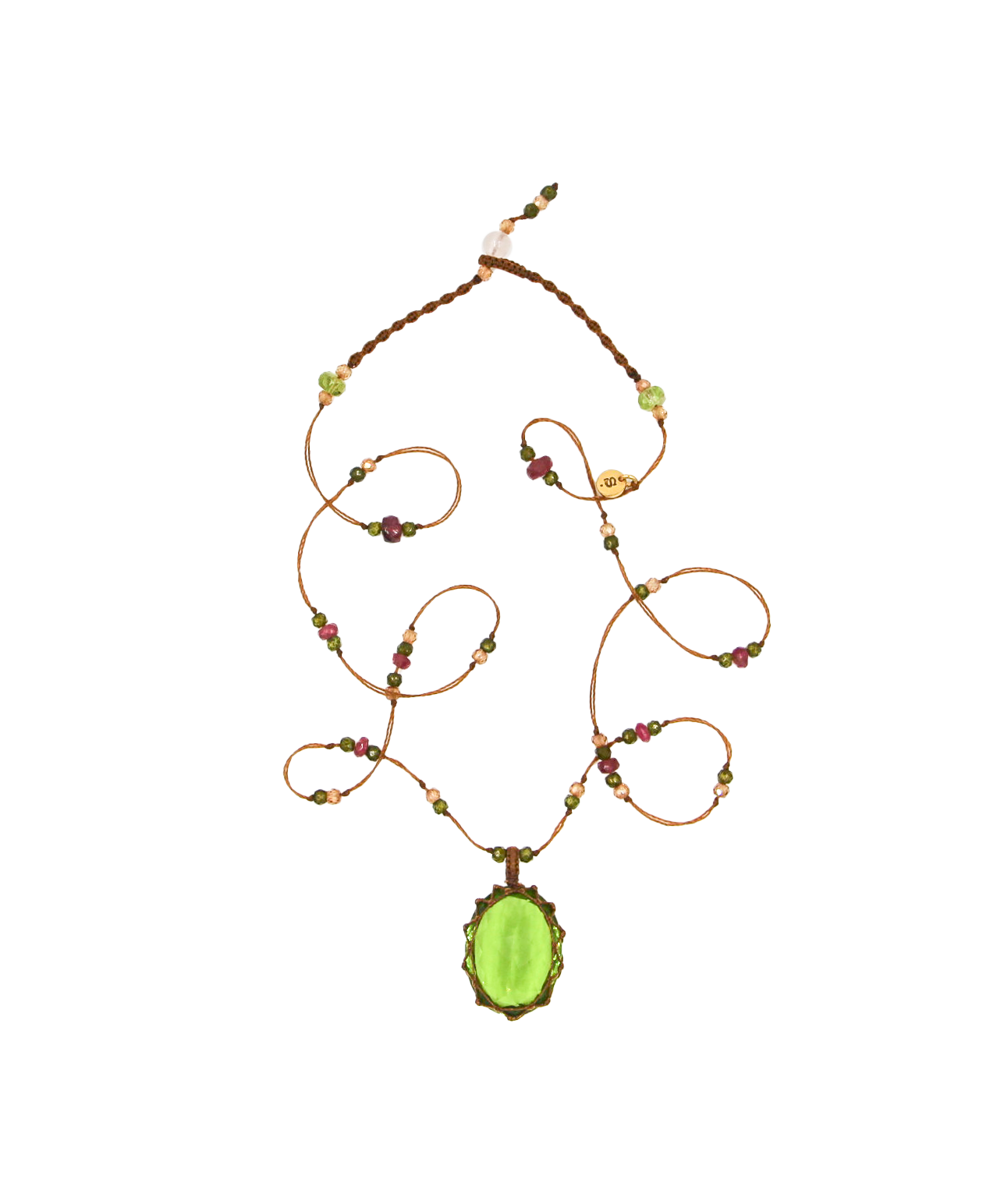 Tibetan Short Necklace - Indian Glass Rose - Mix Pink Tourmaline - Beige Thread