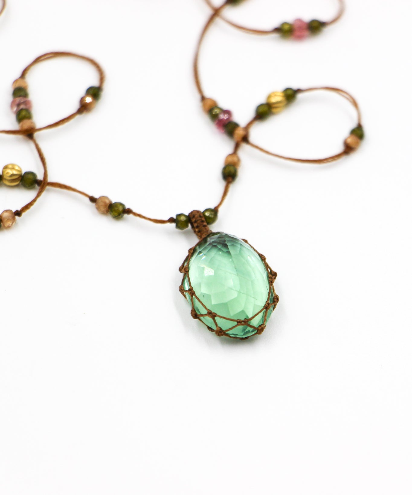 So Precious Short Tibetan Necklace - Green Fluorite - Mix Pink Tourmaline - Tobacco Thread