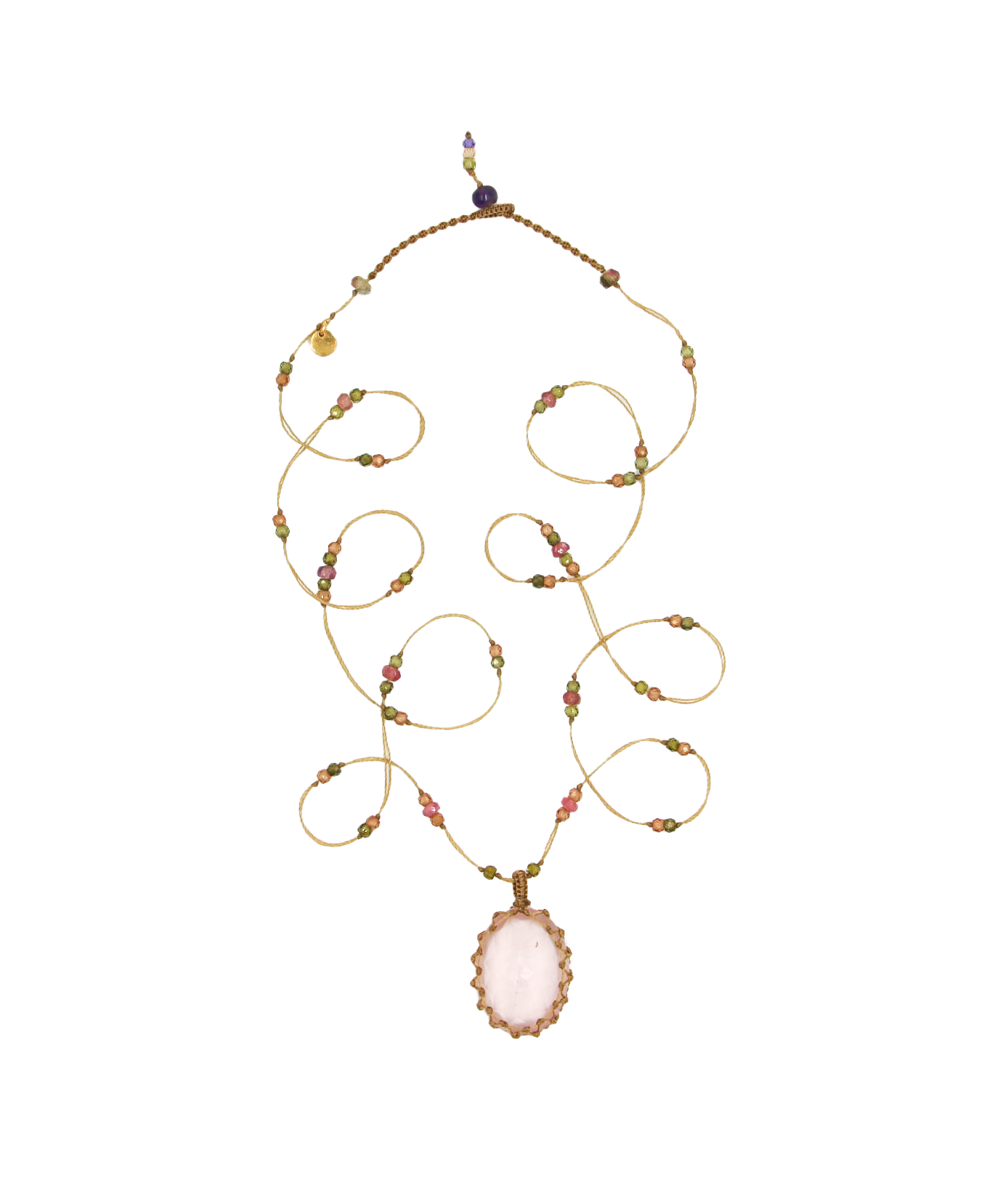 Tibetan Long Necklace - Rose Quartz - Mix Pink Tourmaline - Beige Thread