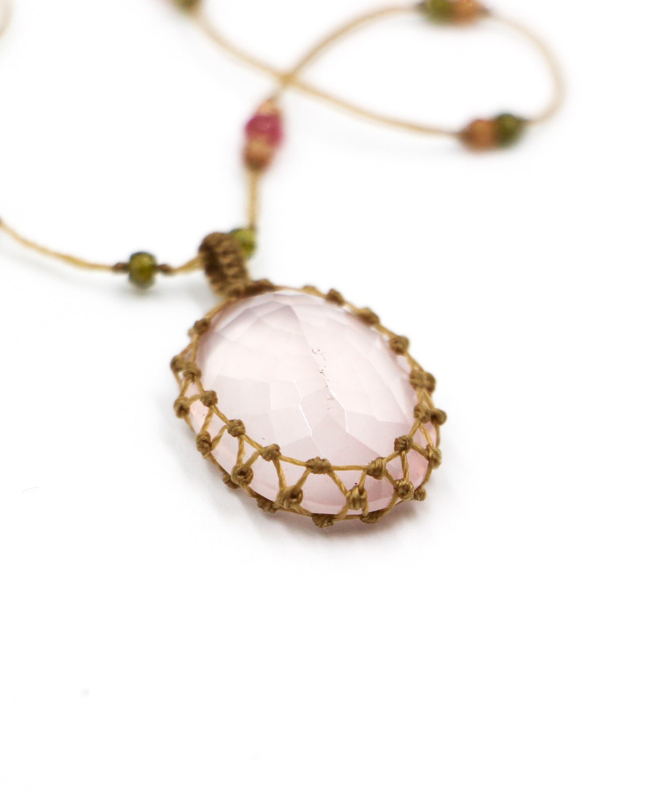 Sautoir Tibétain - Quartz Rose - Mix Tourmaline Rose - Fil Beige