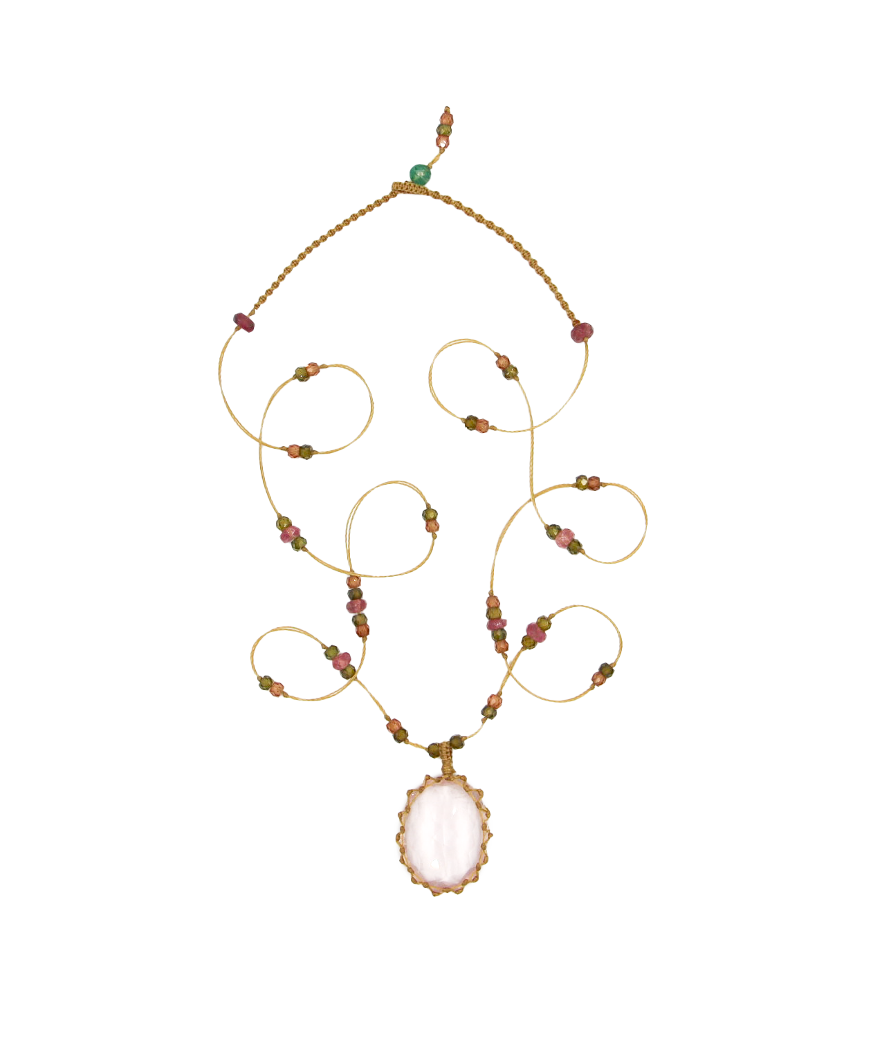 Collier Court Tibétain - Quartz Rose - Mix Tourmaline Rose - Fil Beige