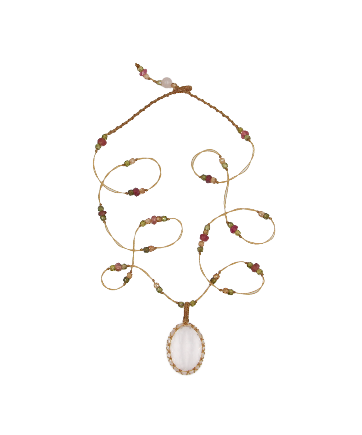 Collier Court Tibétain - Quartz Rose - Mix Tourmaline Rose - Fil Beige