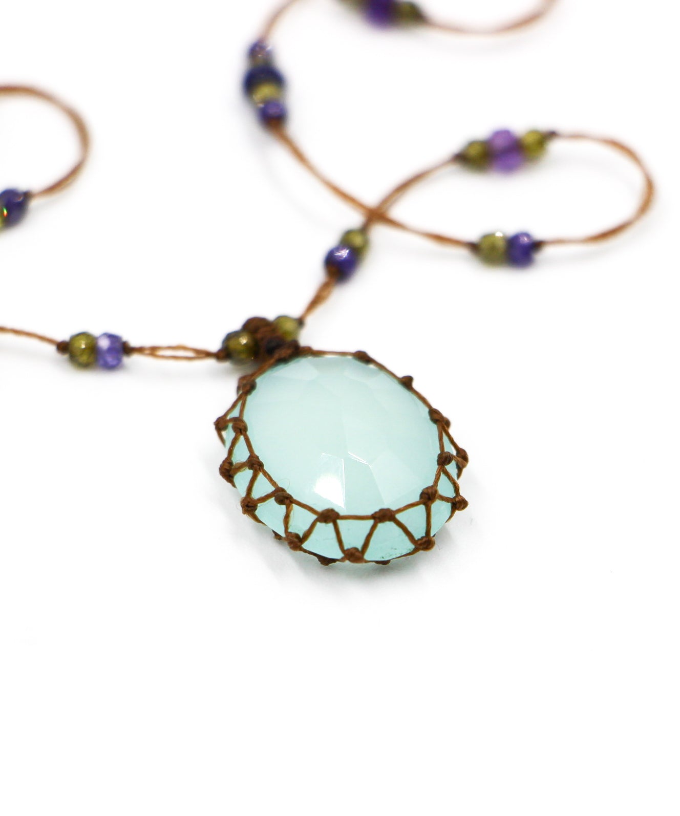 Short Tibetan Necklace - Blue Chalcedony - Mix Tsavorite - Tobacco Thread