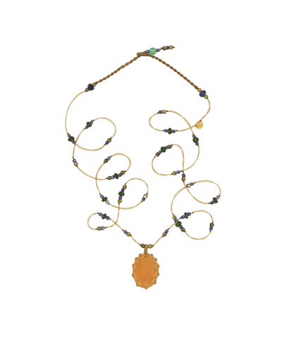 Collana lunga tibetana - Quarzo fragola arancione - Mix Tsavorite - Filo Beige