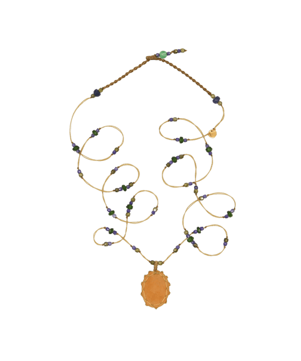 Sautoir Tibétain - Strawberry Quartz Orange - Mix Tsavorite - Fil Beige