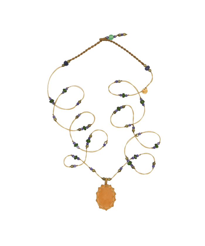Sautoir Tibétain - Strawberry Quartz Orange - Mix Tsavorite - Fil Beige