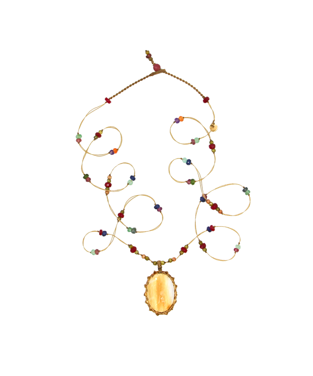 Tibetan Long Necklace - Citrine - Multi Stones - Tobacco Thread