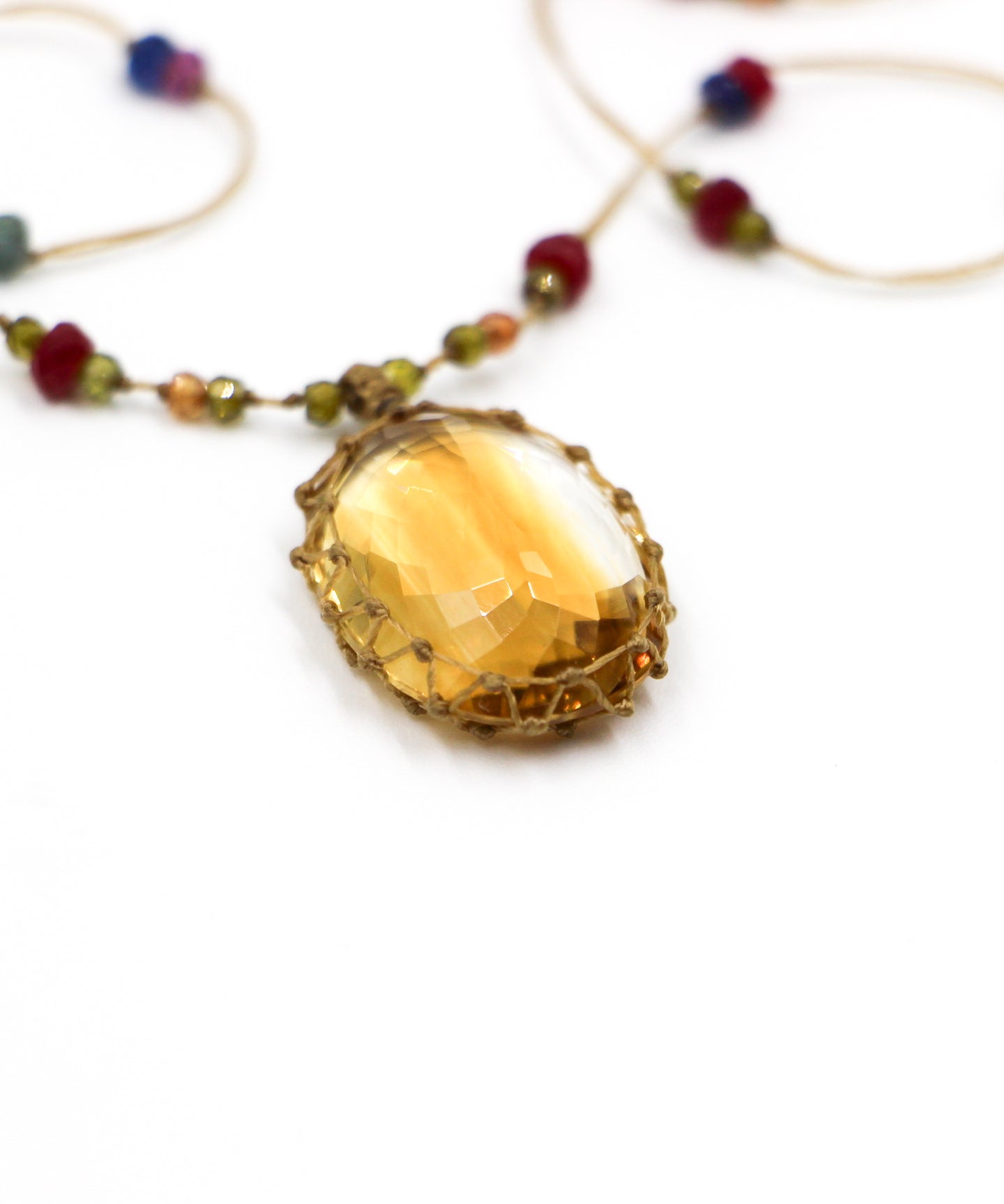 Tibetan Long Necklace - Citrine - Multi Stones - Tobacco Thread