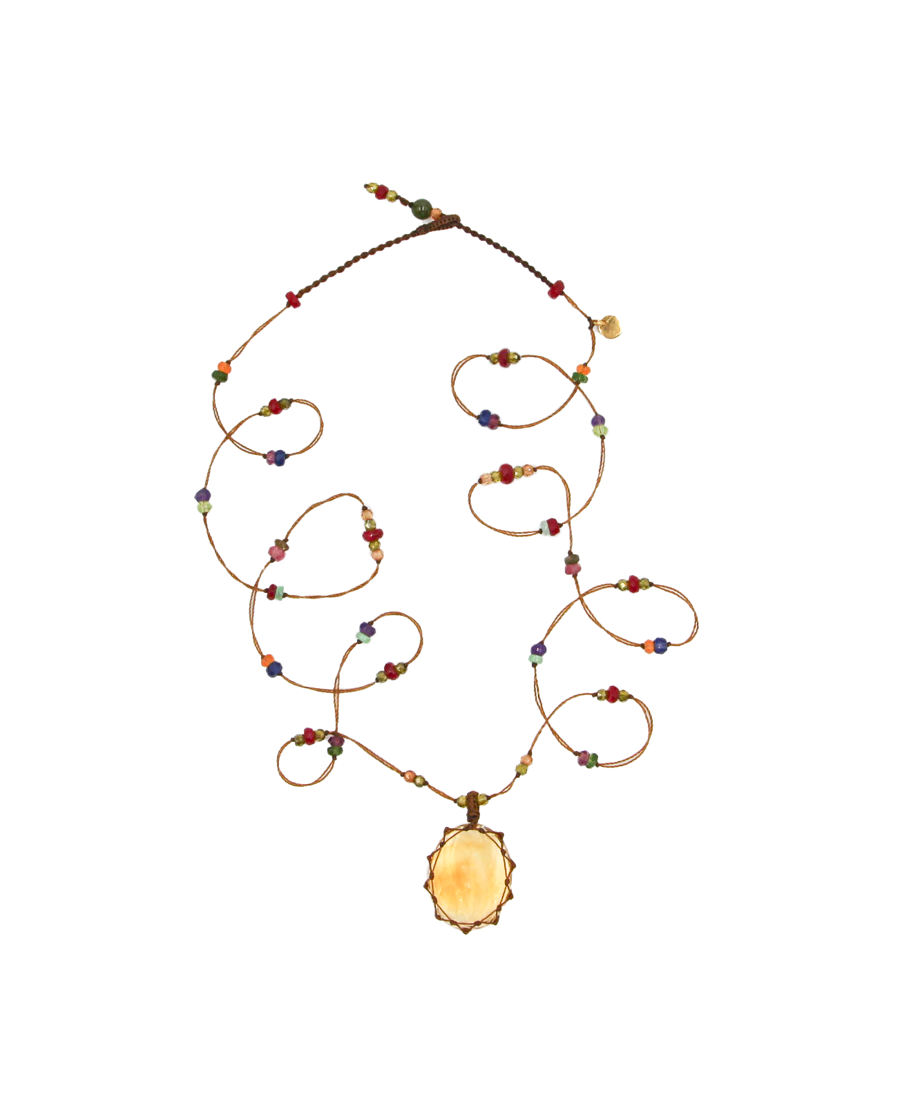 Tibetan Long Necklace - Citrine - Multi Stones - Tobacco Thread