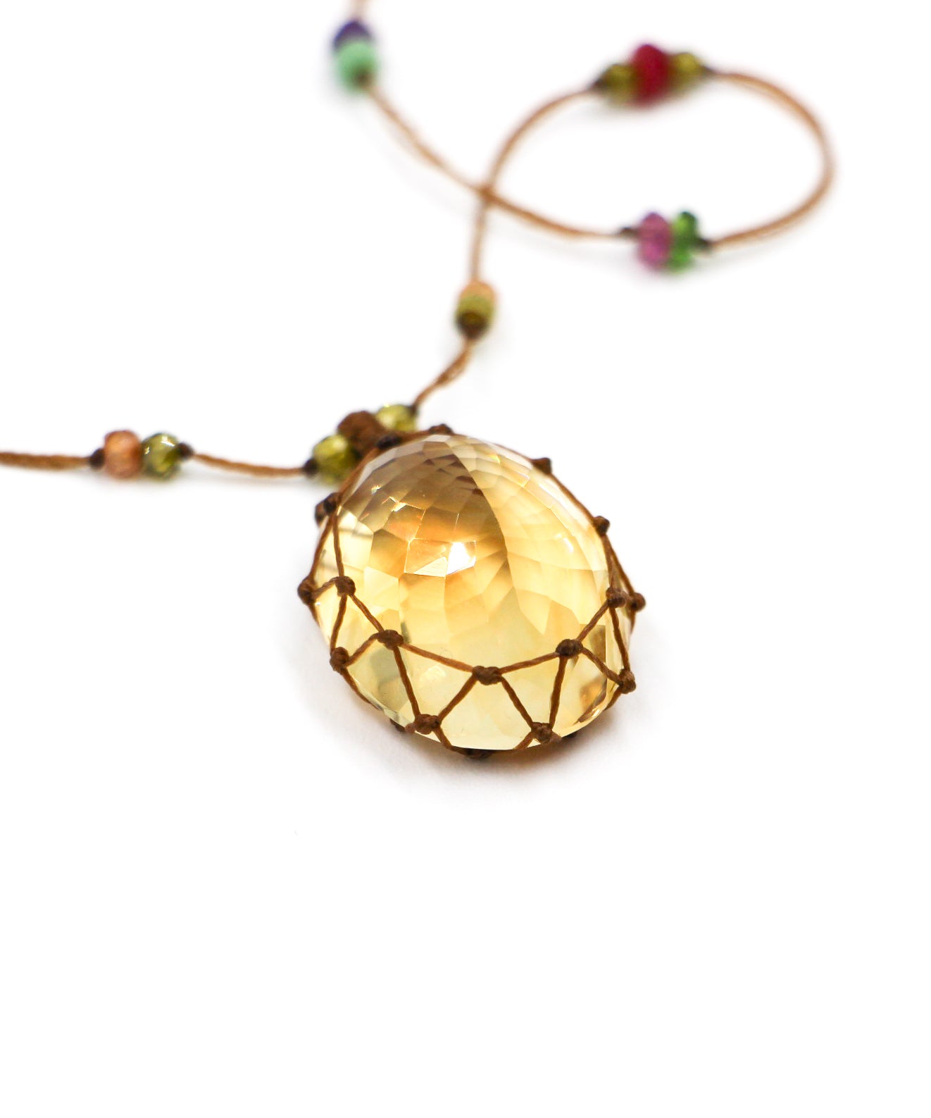 Tibetan Long Necklace - Citrine - Multi Stones - Tobacco Thread