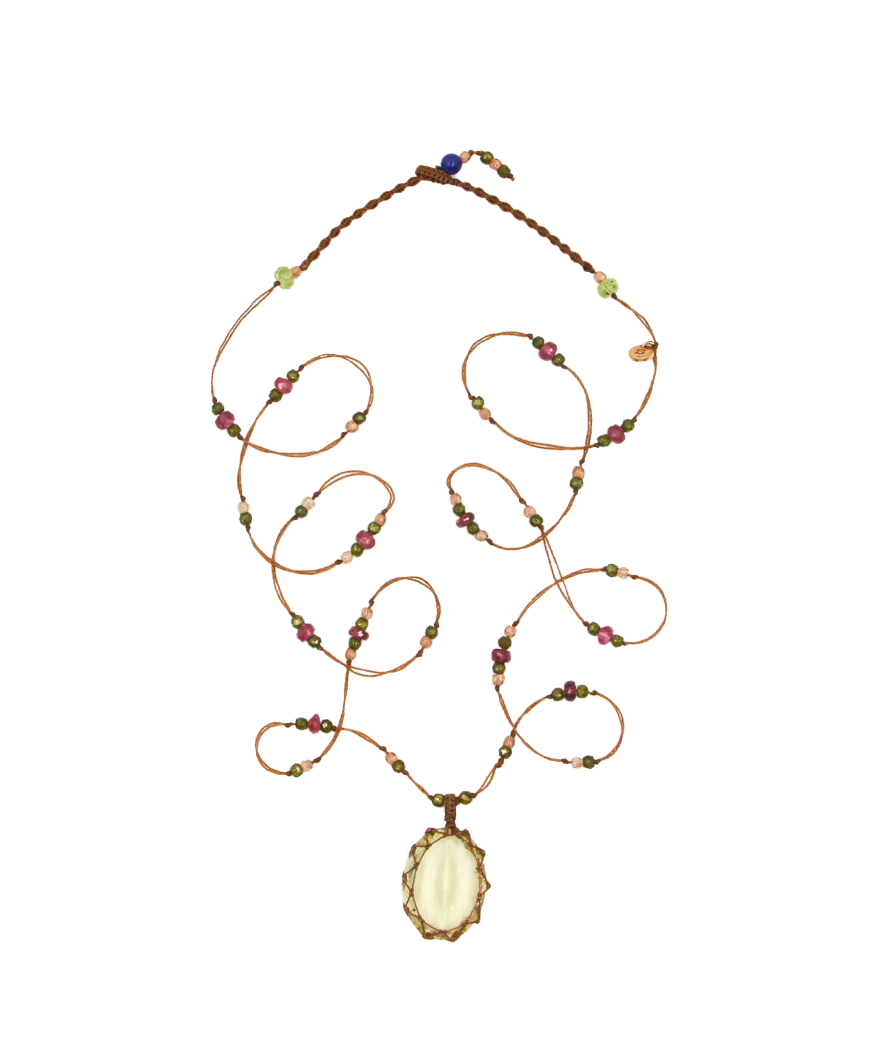 Tibetan Long Necklace - Lemon Topaz - Mix Pink Tourmaline - Beige Thread