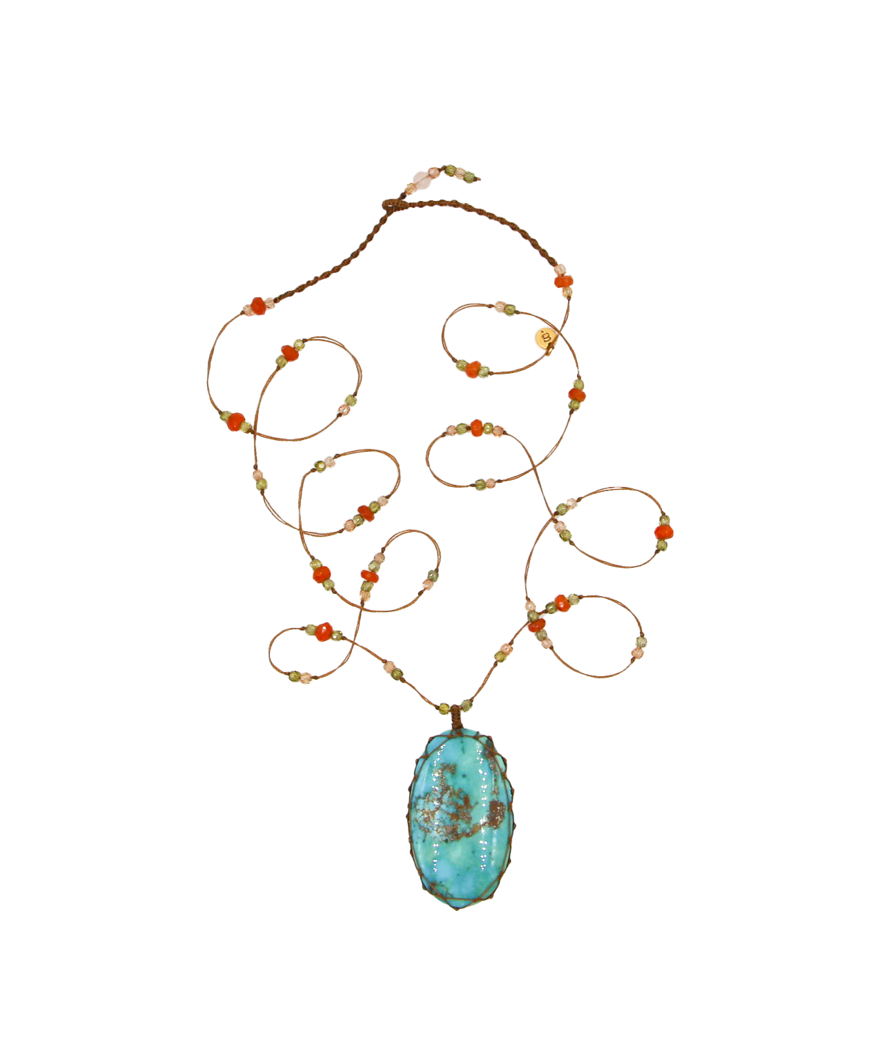 Tibetan Long Necklace - Turquoise - Carnelian Mix - Beige Thread