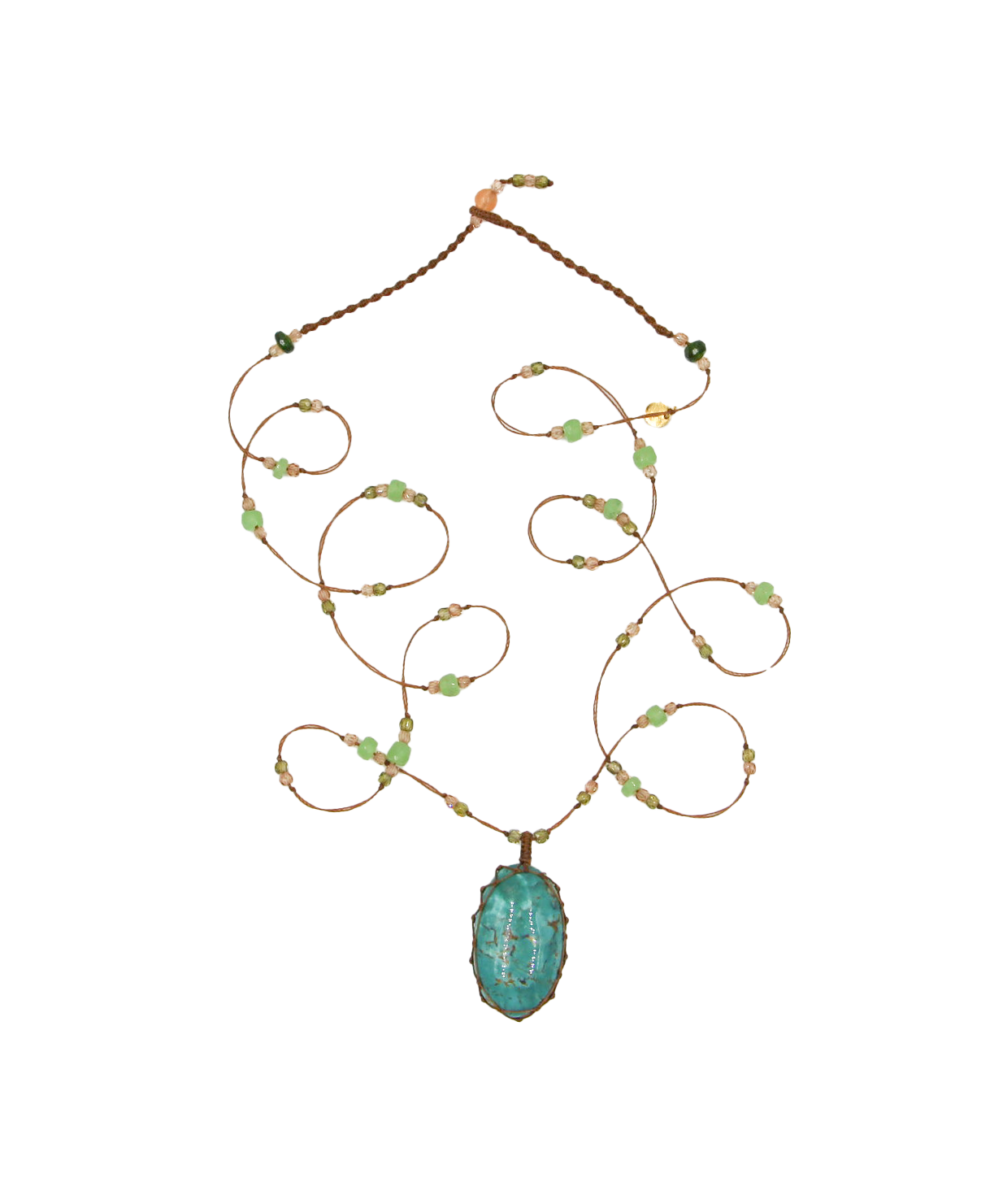 Tibetan Long Necklace - Turquoise - Chrysoprase Mix - Beige Thread