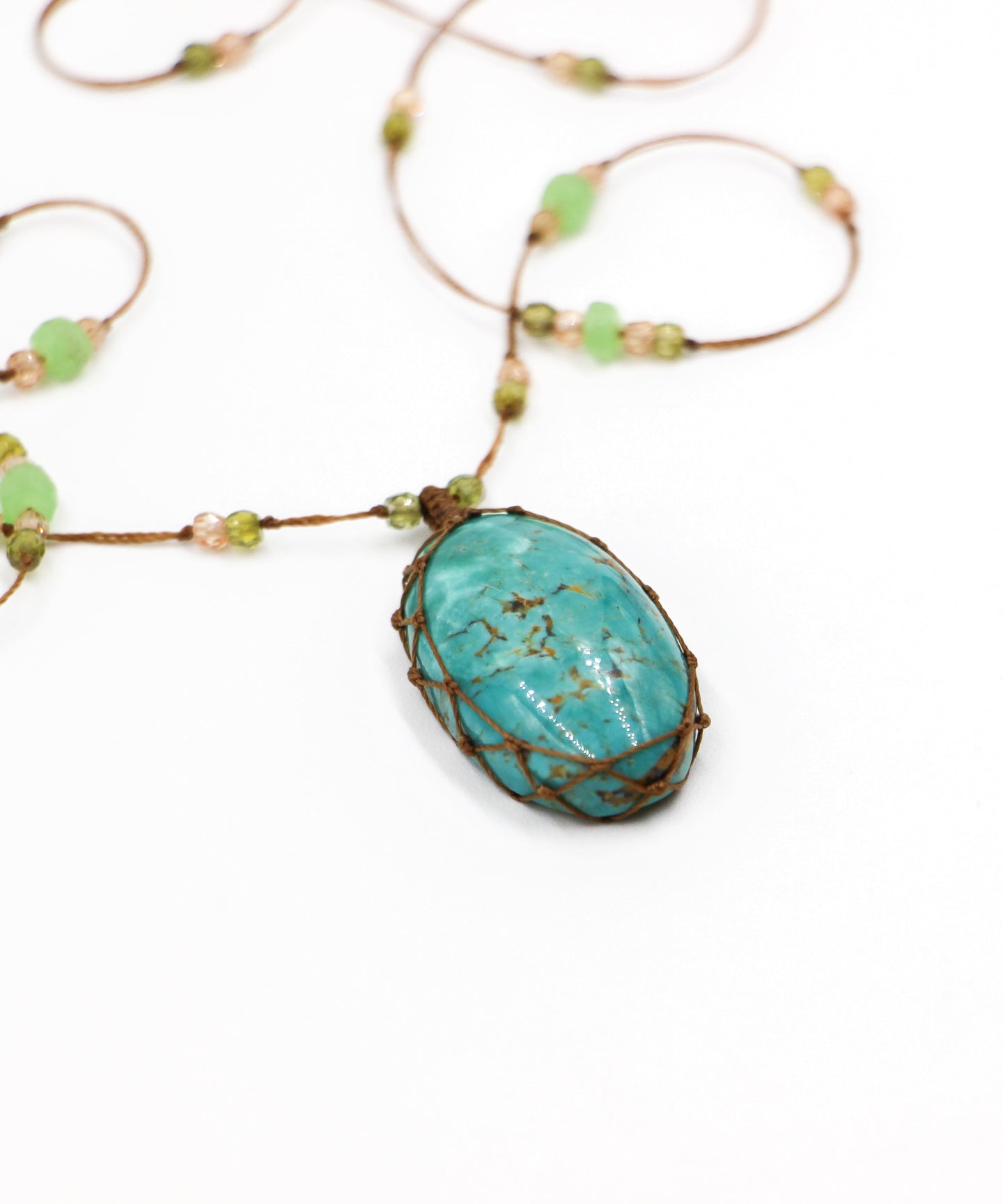 Tibetan Long Necklace - Turquoise - Chrysoprase Mix - Beige Thread