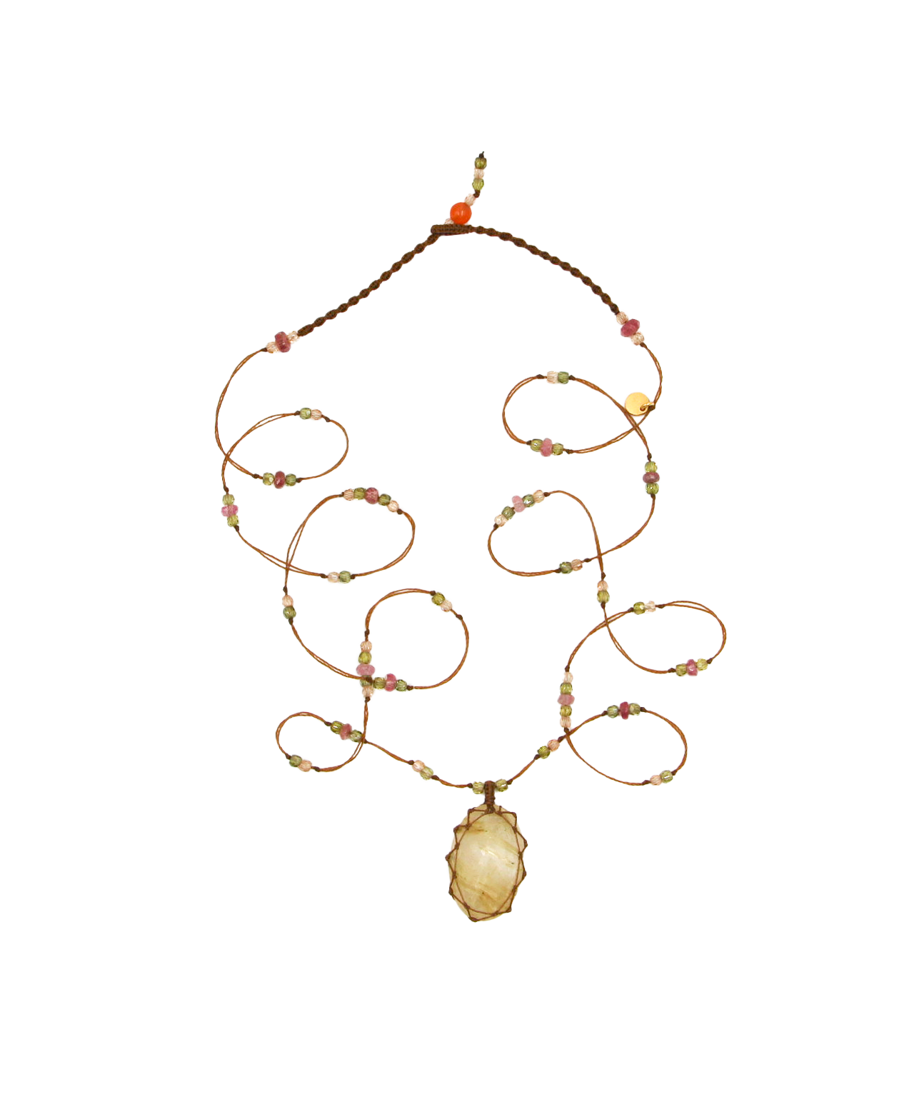 Tibetan Long Necklace - Rutile Gold - Mix Pink Tourmaline - Tabac Thread