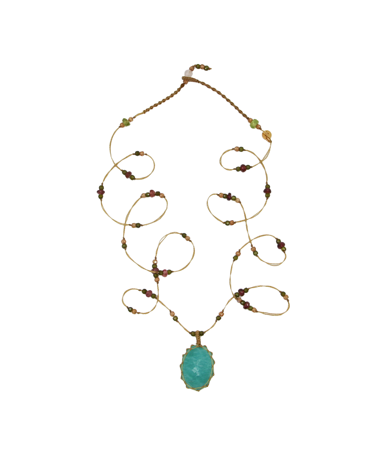 Short Tibetan Necklace - Blue Amazonite - Mix Tsavorite - Tobacco Thread