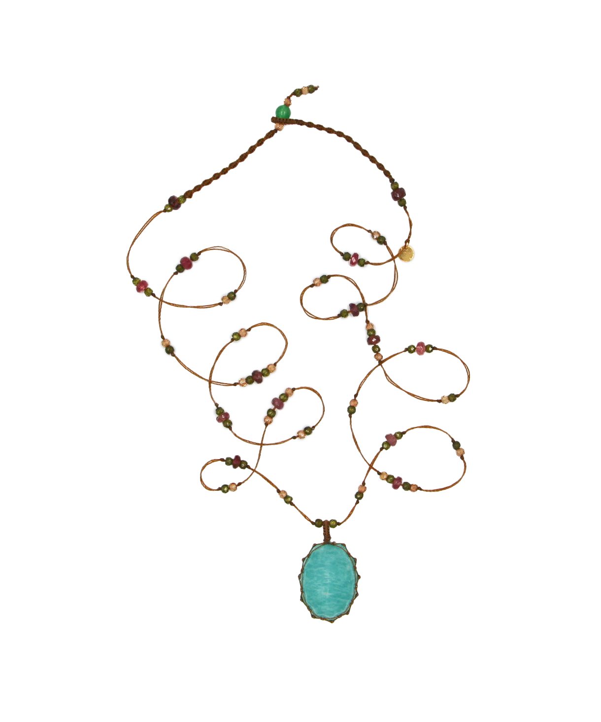 Short Tibetan Necklace - Blue Amazonite - Mix Tsavorite - Tobacco Thread