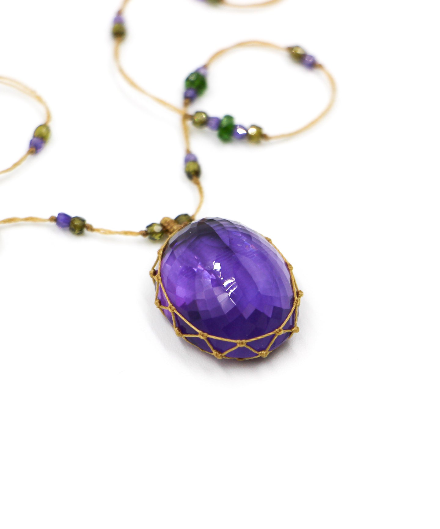 Tibetan Long Necklace - Dark Violet Amethyst - Tsavorite Mix - Tobacco Thread