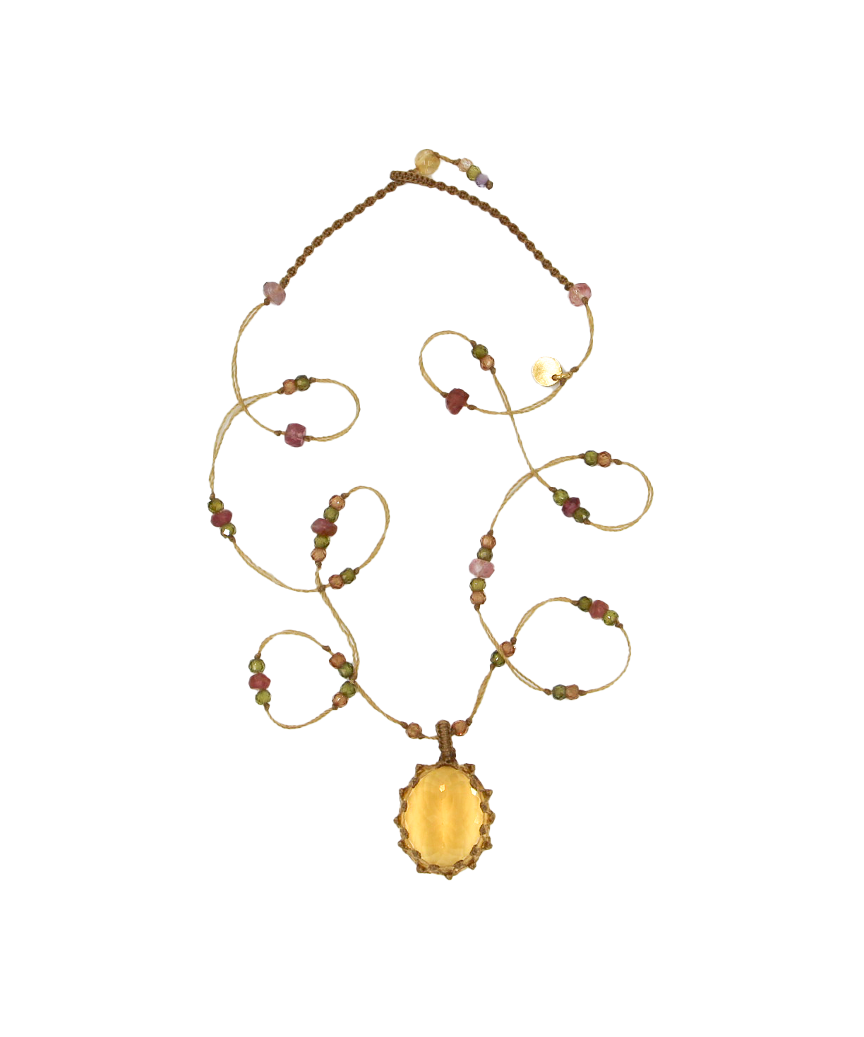 Tibetan Short Necklace - Citrine - Mix Pink Tourmaline - Beige Thread