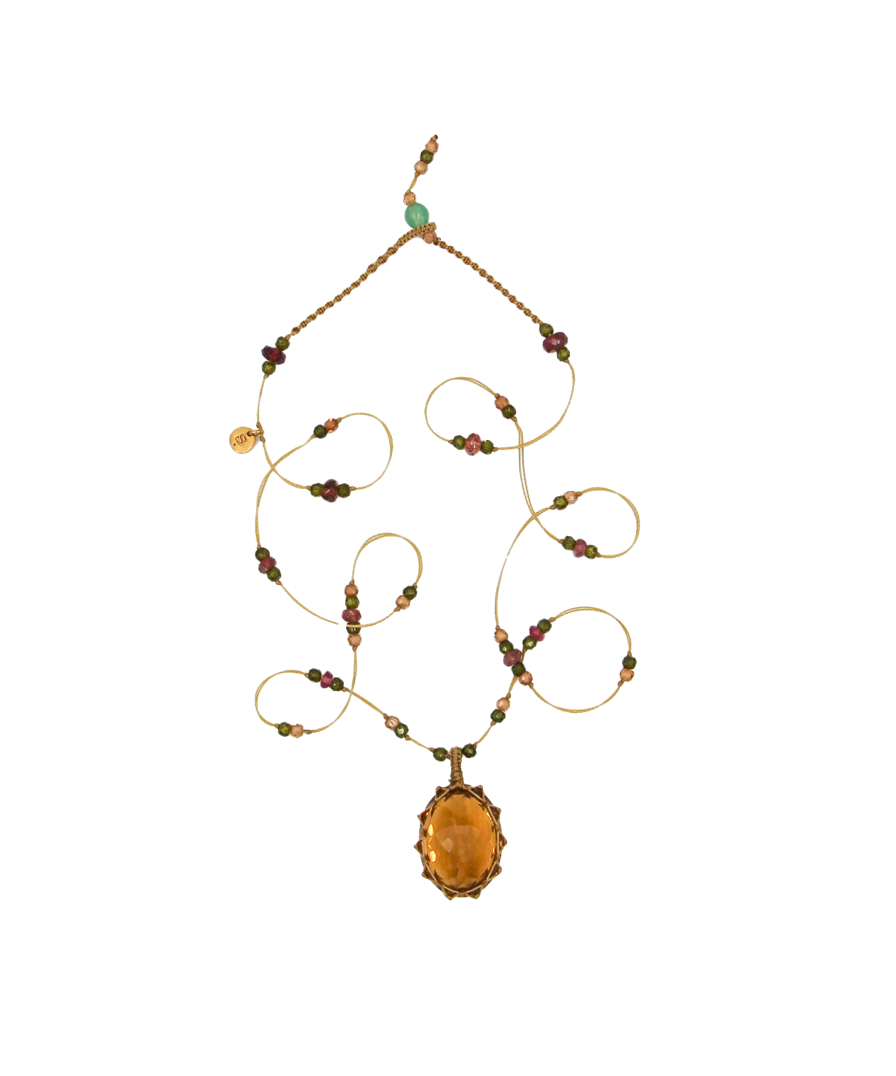 Tibetan Short Necklace - Citrine - Mix Pink Tourmaline - Beige Thread